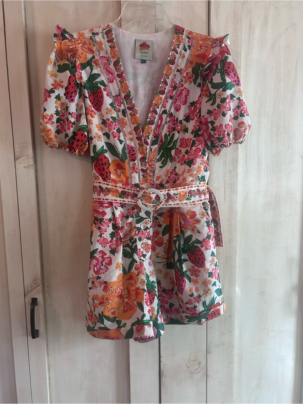 FARM Rio White Floral Strawberry Print Belted Romper